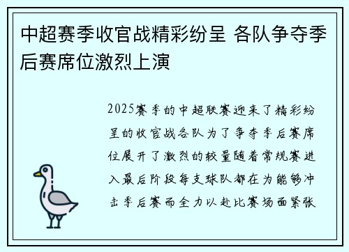 中超赛季收官战精彩纷呈 各队争夺季后赛席位激烈上演 中超赛季收官战精彩纷呈 各队争夺季后赛席位激烈上演